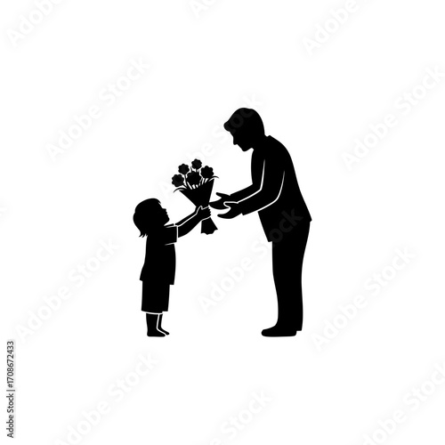 Joyful child presents a lovely bouquet of flowers to a proud father, celebrating family love