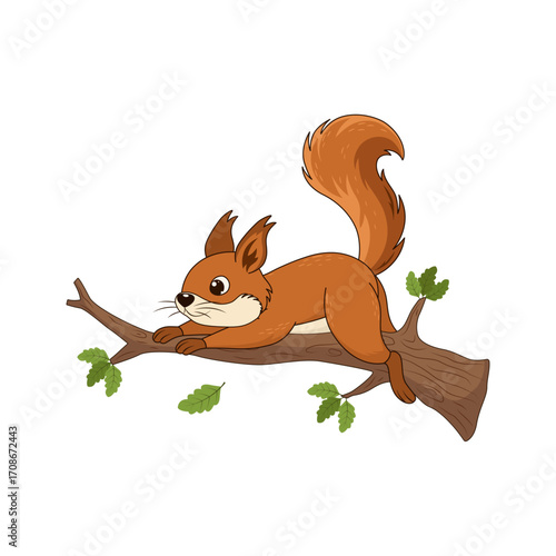 Cute cartoon squirrel lying on a tree branch with green leaves. Adorable forest animal illustration on white background.