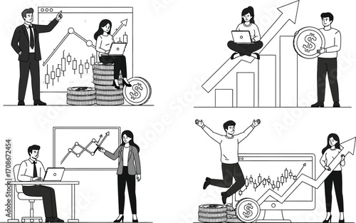 Diverse team celebrates financial growth and successful investment strategies with charts and coins.