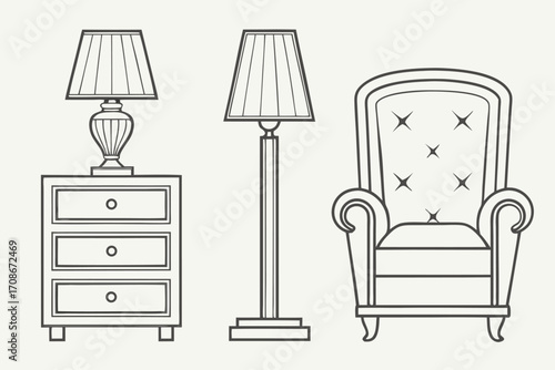 Vintage Furniture Set: Nightstand with Lamp, Floor Lamp, and Armchair dresser drawers