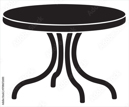Black silhouette of round table with curved legs isolated on white background, simple vector illustration for furniture, home interior, dining, cafe, restaurant, and decorative design use