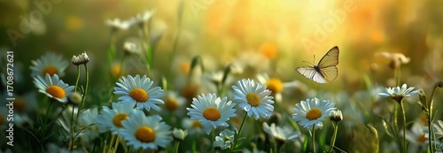Butterflies Flutter Over Blooming Daisies in a Vibrant Sunlit Meadow During S...