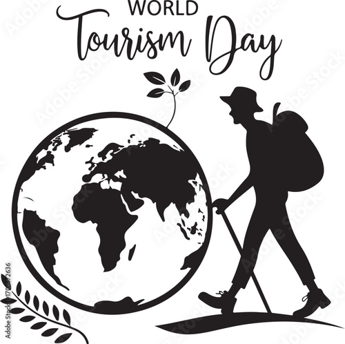 Minimalist World Tourism Day Silhouette with World Map and Traveler
