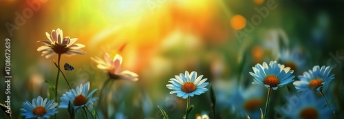 Butterflies Flutter Over Blooming Daisies in a Vibrant Sunlit Meadow During S...