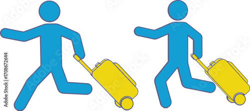 Two people rushing with rolling luggage, symbolizing travel and urgency