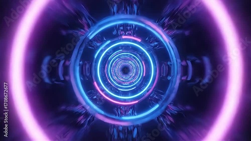 Journey through a vibrant, pulsating neon tunnel with concentric glowing rings.