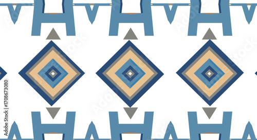 Pattern with diamond shapes and letter h in blue and beige
