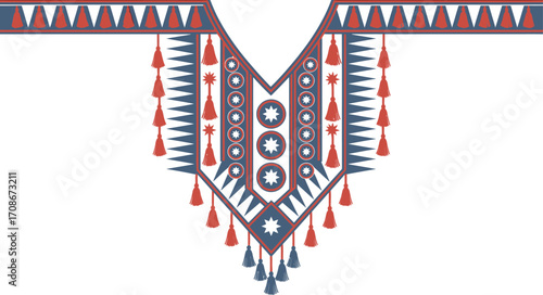 Decorative collar design with tassels and geometric shapes