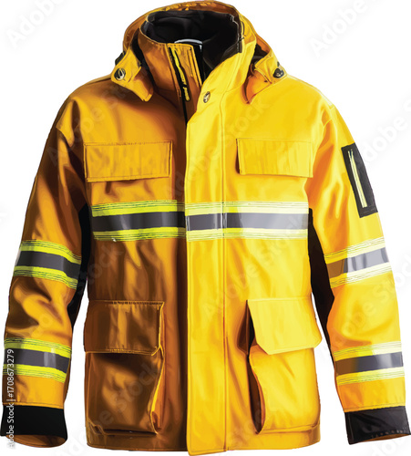 Yellow Firefighter Jacket with Reflective Stripes and Pockets on White Background Keywords: firefighter, jacket, uniform, safety, protective clothing