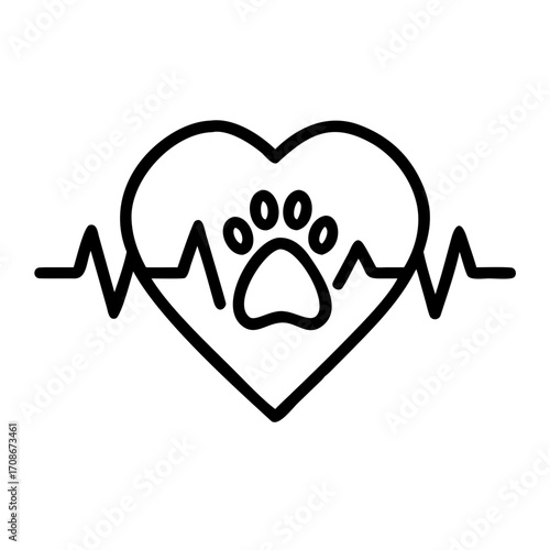 Heartbeat line symbol with paw print inside heart shape  