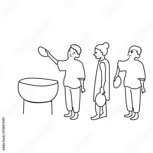 People Sharing Food with Others Charity Humanity Outline Drawing
