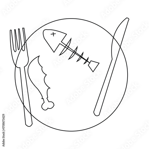 Fish Bone Left on Plate Food Waste Nutrition Awareness Drawing