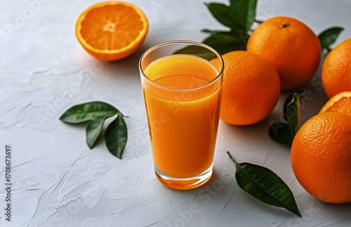 Fresh Orange Juice Served in a Glass With Ripe Oranges and Green Leaves on a ...