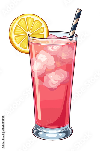 Glass of refreshing rose lemonade with lemon slice and straw on transparent background