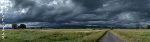 Dramatic storm clouds over open field hdri panoramic landscape viewpoint for nature photography