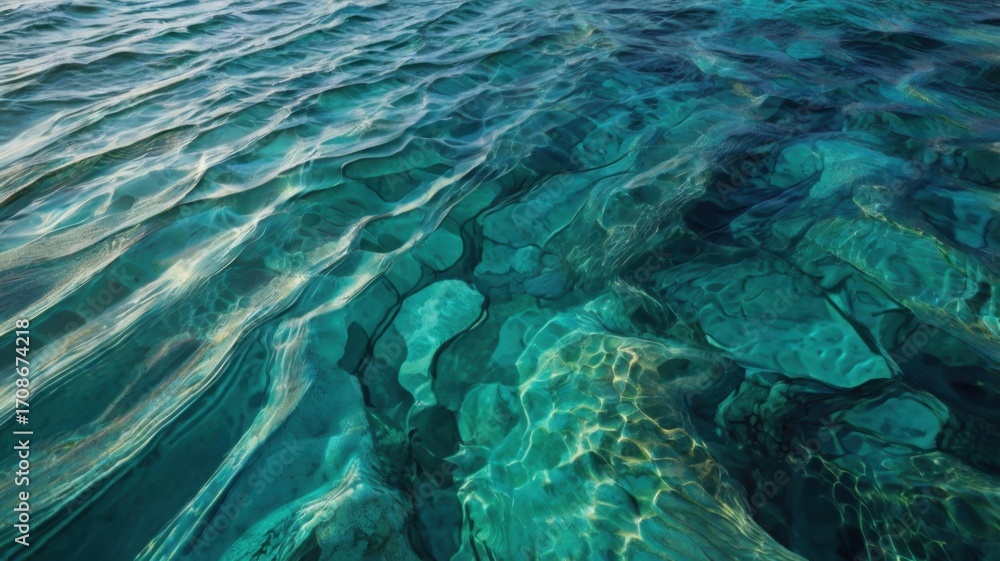 Fototapeta premium Crystal clear turquoise ocean waves revealing sandy seabed with mesmerizing light patterns, pure natural beauty.
