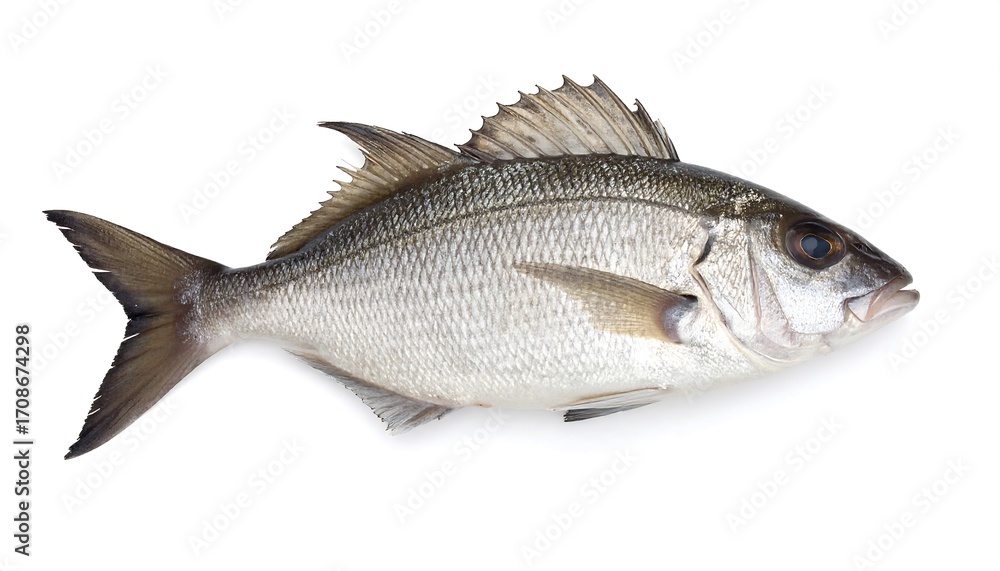 Fototapeta premium Isolated fish with silver scales, dorsal fin, and side view, on a white background