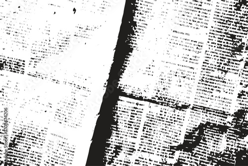 newspaper text with dark ink grunge texture. aged newspaper texture, vintage dotted overlay, grunge pattern, print effect, worn surface texture, vector illustration, cutout.