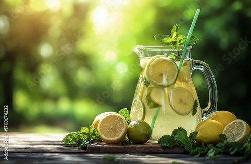 Refreshing Lemonade Pitcher With Fresh Fruits and Mint on a Sunny Day Outdoors.