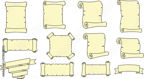 Illustration of various scrolls and ribbon banners