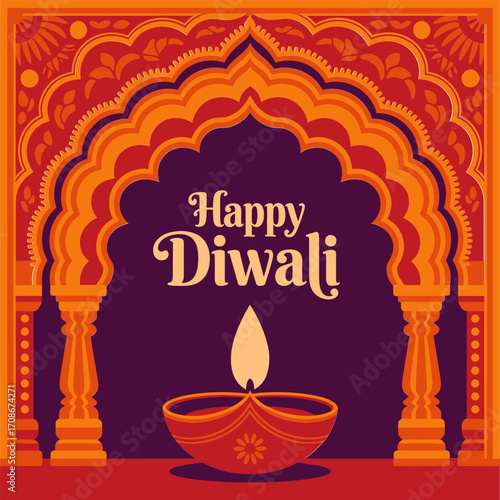 Happy Diwali banner, ornate temple arch frame, single glowing diya, traditional motif, warm colors, cultural festival greeting vector