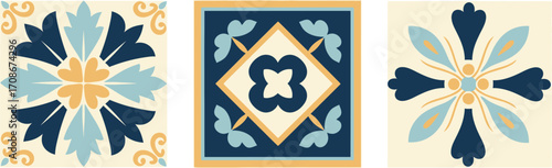Three decorative square tiles with floral designs shown