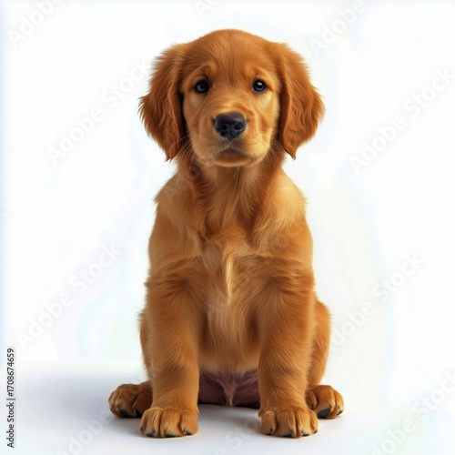 Cute Golden Retriever Puppy Sitting on Light Background Looking Curiously at ...