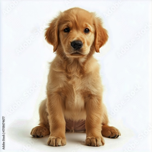 Golden Retriever Puppy Sitting Calmly Against a Plain Background Indoors