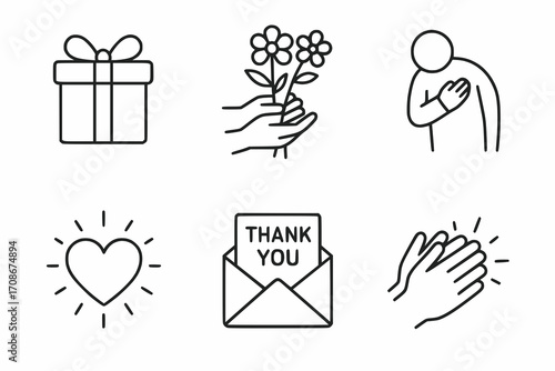 Set of 6 gratitude and appreciation icons, minimalist black and white vector