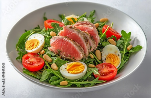 Fresh Tuna Salad With Eggs, Cherry Tomatoes, and Pine Nuts on a White Plate