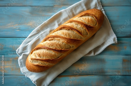 Freshly Baked Bread Resting on a Linen Cloth Against a Blue Rustic Background.