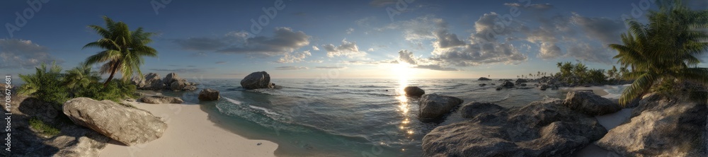 Obraz premium Tropical island beach sunset hdri panoramic view exported paradise serene coastal environment
