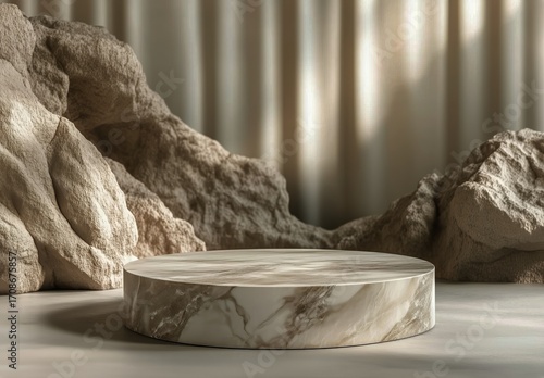 Modern Display Pedestal With Marble Finish and Natural Stone Backdrop in an E...