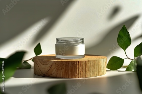 Glass Jar of Cream on Wooden Surface With Green Leaves in Bright Sunlight