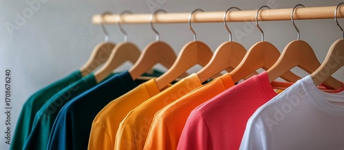 Brightly Colored Shirts Hanging on Wooden Hangers in a Clothing Store Display.