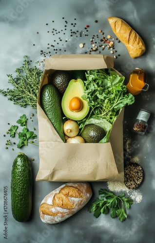 Fresh Produce and Bread in a Paper Bag on a Gray Background Ready for Cooking...
