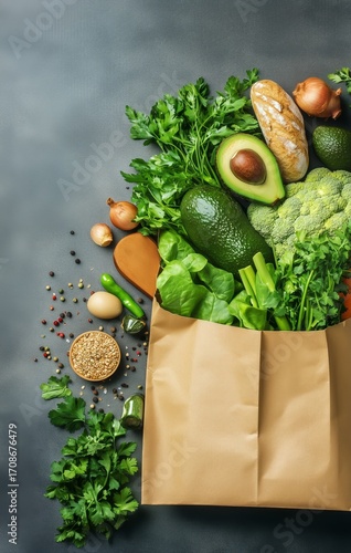 Fresh Produce and Bread in a Paper Bag on a Gray Background Ready for Cooking...