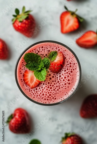Strawberry Smoothie With Fresh Fruit and Mint on a Light Background