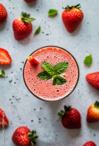 Strawberry Smoothie With Fresh Fruit and Mint on a Light Background.