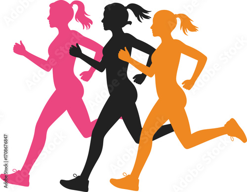 Female runners in motion, diverse athletes running marathon, dynamic motion, vibrant colors, fit women, black and white girl running, team, vector illustration, flat design style.