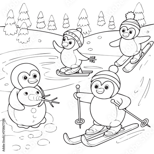 Happy Cartoon Penguins Ice Skating and Skiing