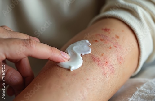 Close-up of person applying emollient cream to dry, flaky skin, treating psoriasis, eczema. Topical ointment soothes inflamed areas, offering relief from itchiness, discomfort for skin conditions.