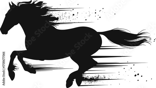 Running wild horse black silhouette, galloping stallion with flying mane, speed and power, dynamic motion, equestrian animal, black and white vector illustration for graphic design