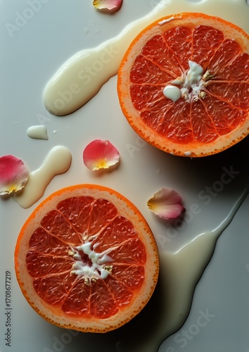 Freshly Cut Orange Halves With Cream and Petals Arranged on a Smooth Surface