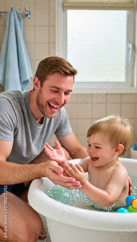A joyful father laughs as he plays with his son during bath time. The boy is splashing water, creating a fun-filled and loving family moment in the bathroom.