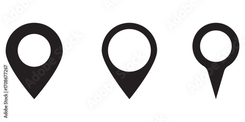 Location pin icon set in red, blue and black colors isolated on white background. EPS 10 