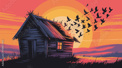 Rustic cabin at sunset with birds flying evoking peace and serenity in nature background