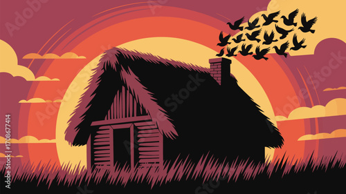 Peaceful sunrise over rustic cottage with birds flying from chimney, idyllic rural scene evoking tranquility
