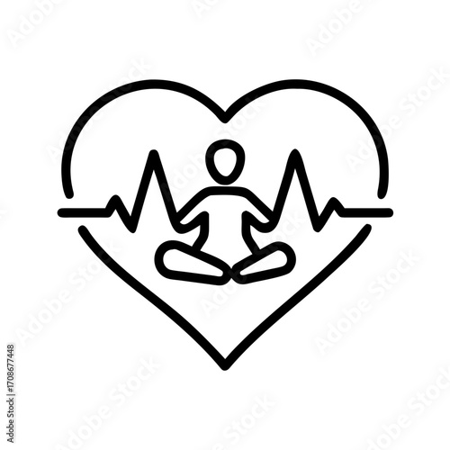 Heart symbol with meditating figure and heartbeat line illustration  