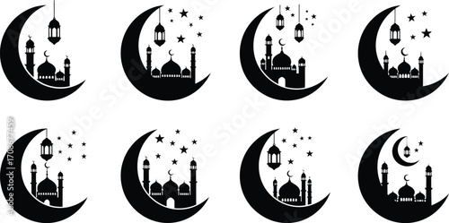 Ramadan kareem islamic crescent moon with mosque vector editable vector